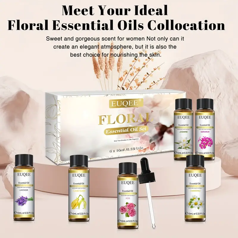 1pc euqee floral essential oils set natural pure aromatherapy therapeutic grade essential oil for diffuser for home lavender rose ylang ylang jasmine geranium chamomile 6 x 10ml details 4