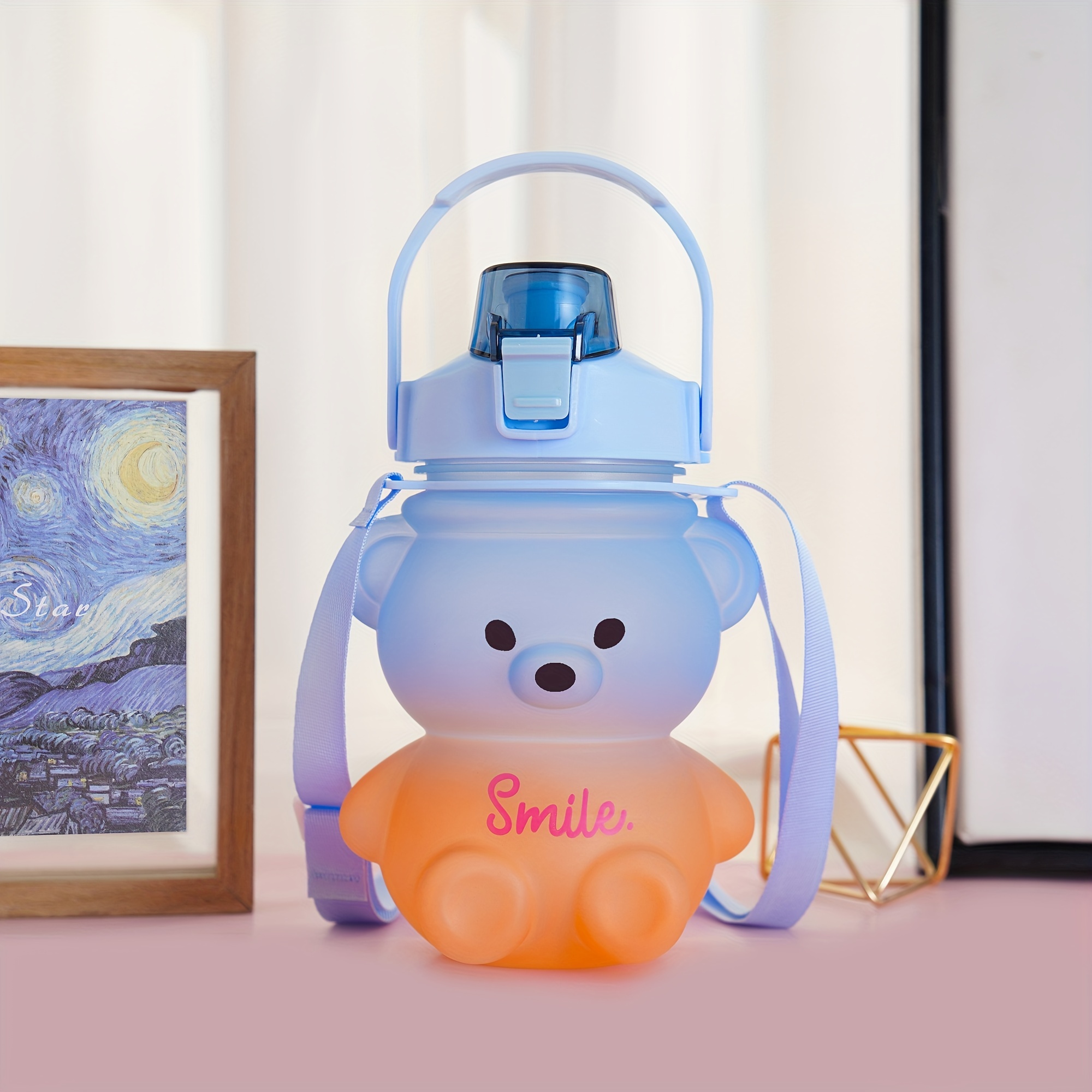 Cute Bear Water Bottle With Adjustable Shoulder Strap & Straw - Creative  Portable Water Bottle For Outdoor Camping - Temu