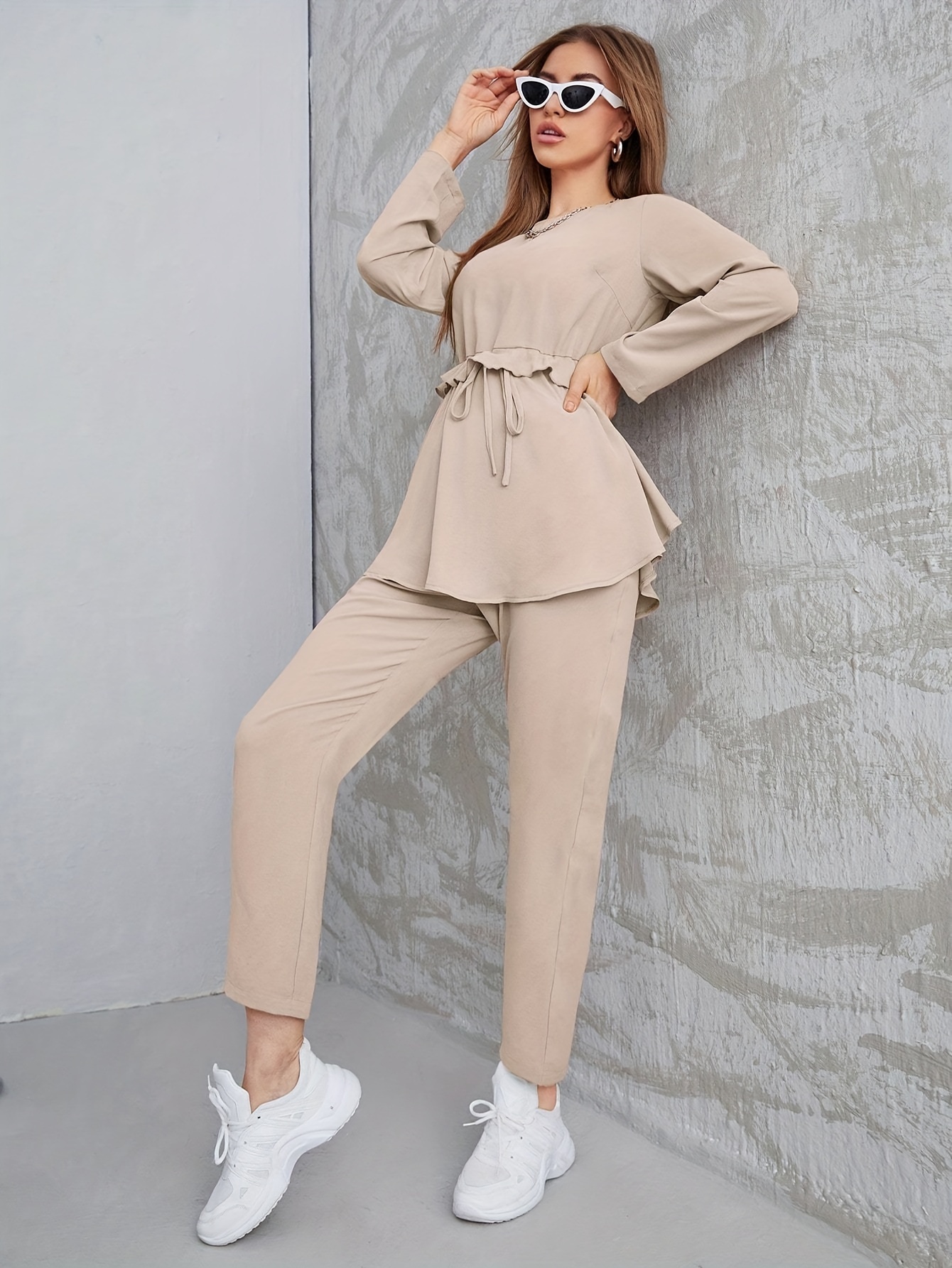 Women Casual Ruffle Blazer and Pant Two-Piece Set