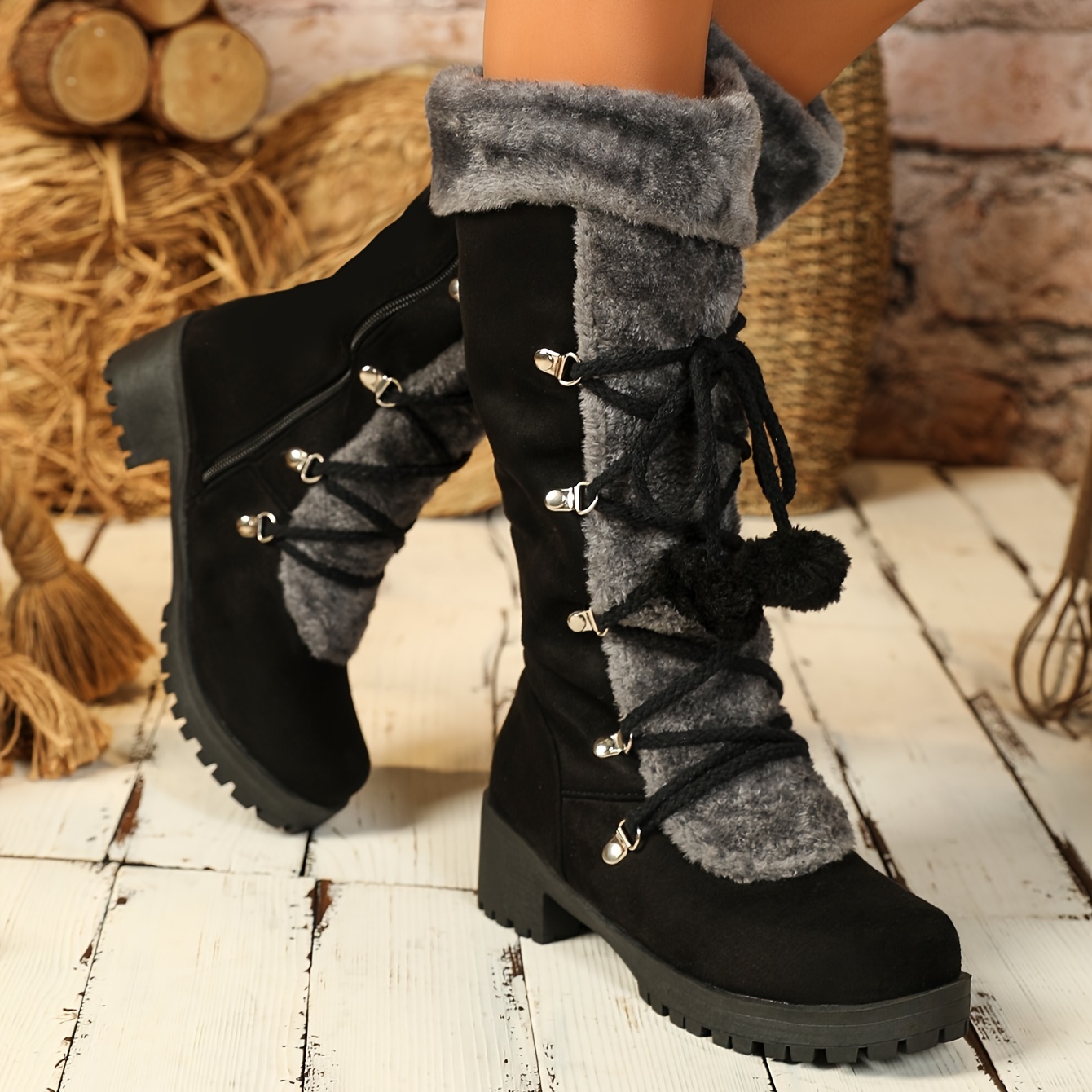 Women Snow Boots Fur Lined Winter Warm Knee High Boot Outdoor Lace-Up Shoes