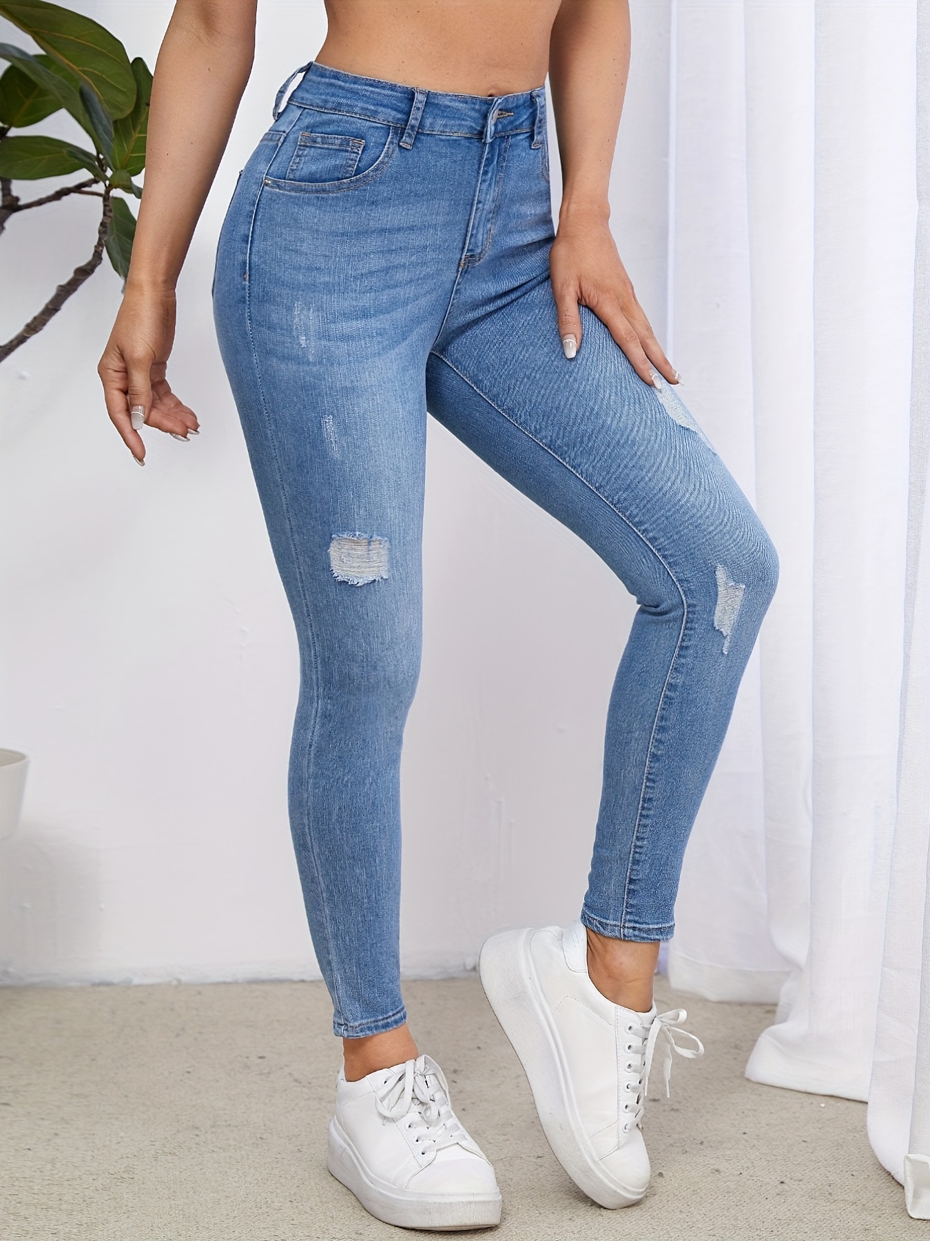 Dark Blue Versatile Skinny Jeans Slim Fit Slash Pockets - Temu