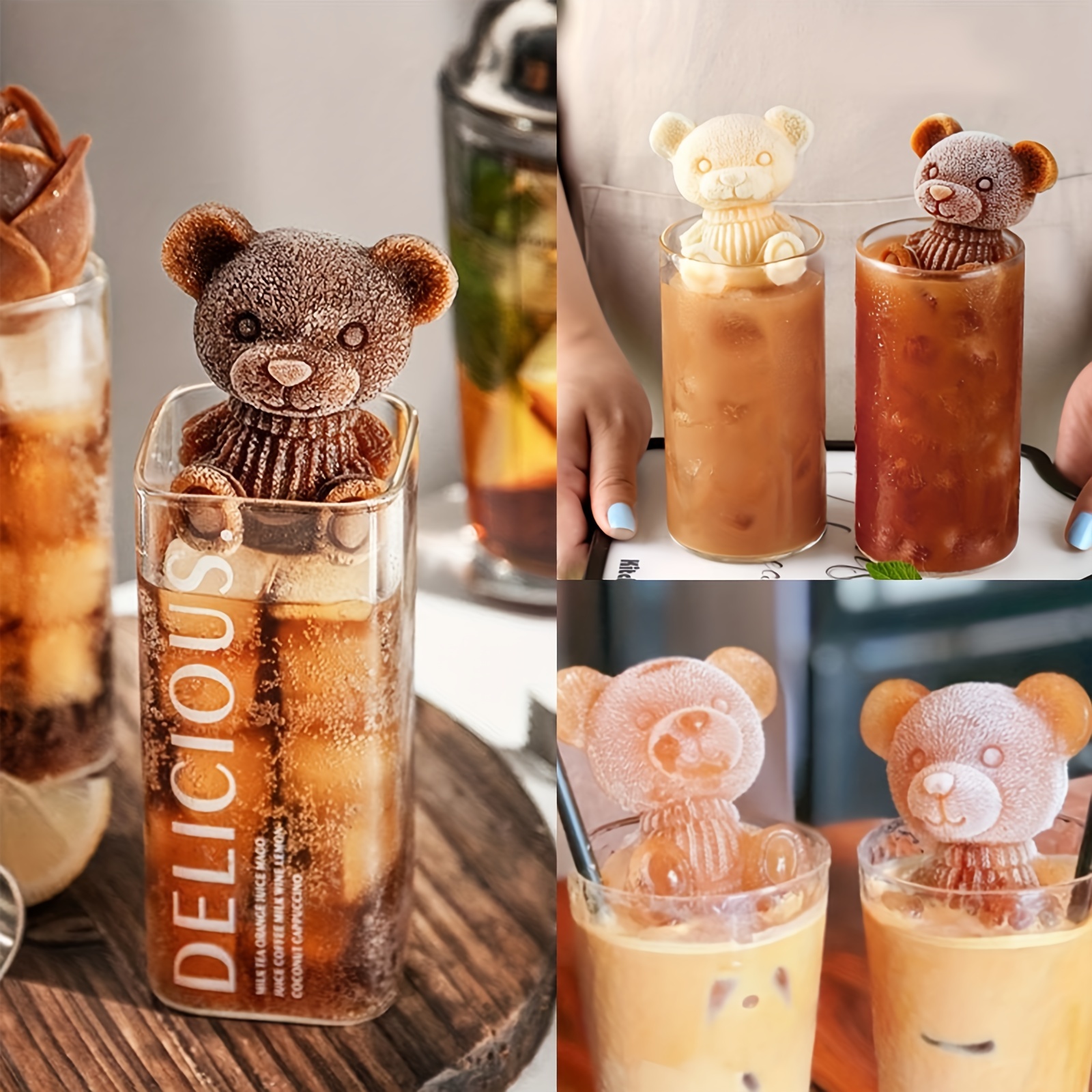 3D Teddy Bear Ice Cube Mold 4Pcs Handmade Cute Ice Cube for Beverage Coffee  Milk Tea Soap Candle Mold Cocktails Cake Baking Large Size