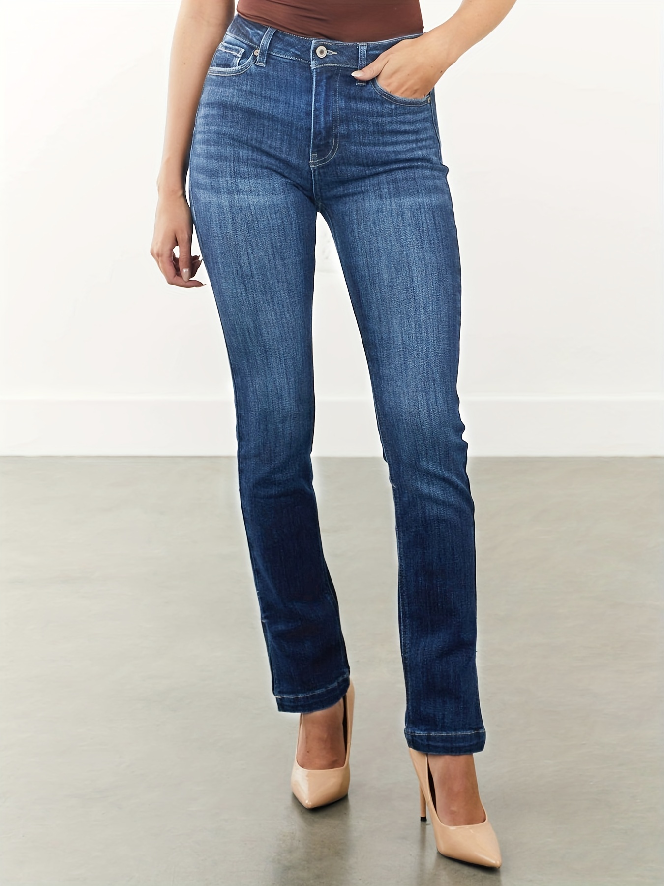 Side Split Medium Stretch Slim Fit Jeans Washed Blue - Temu Australia