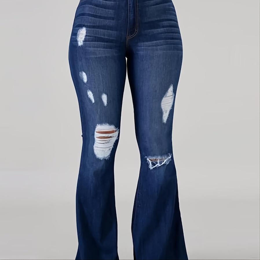 Ripped High Rise Raw Hem Flare Jeans Washed Blue Bell Bottom Jeans