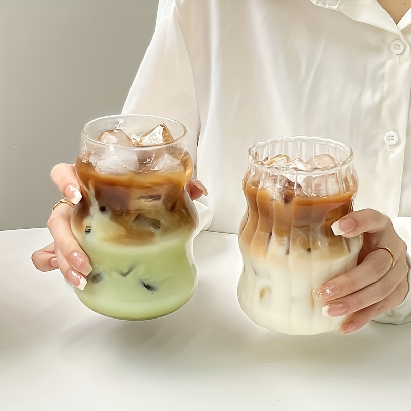 Ribbed Glass Coffee Cup With Straw Perfect For Iced Coffee - Temu