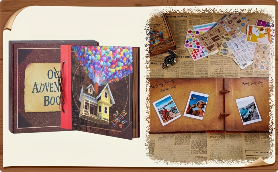 Longpro Retro Our Adventure Book Scrapbook Album Photo Book Handmade Cover  Movie Up Travel Lock Scrapbook with Card Stamp for Anniversary Wedding