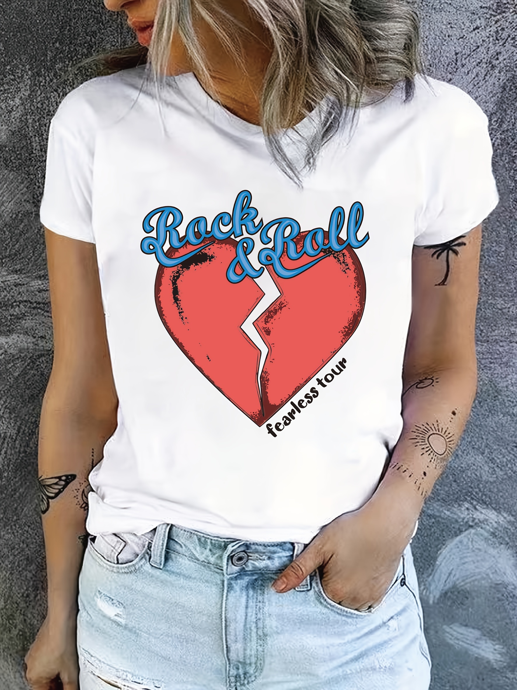 Rock N Roll Heart Print T shirt Casual Short Sleeve Crew - Temu