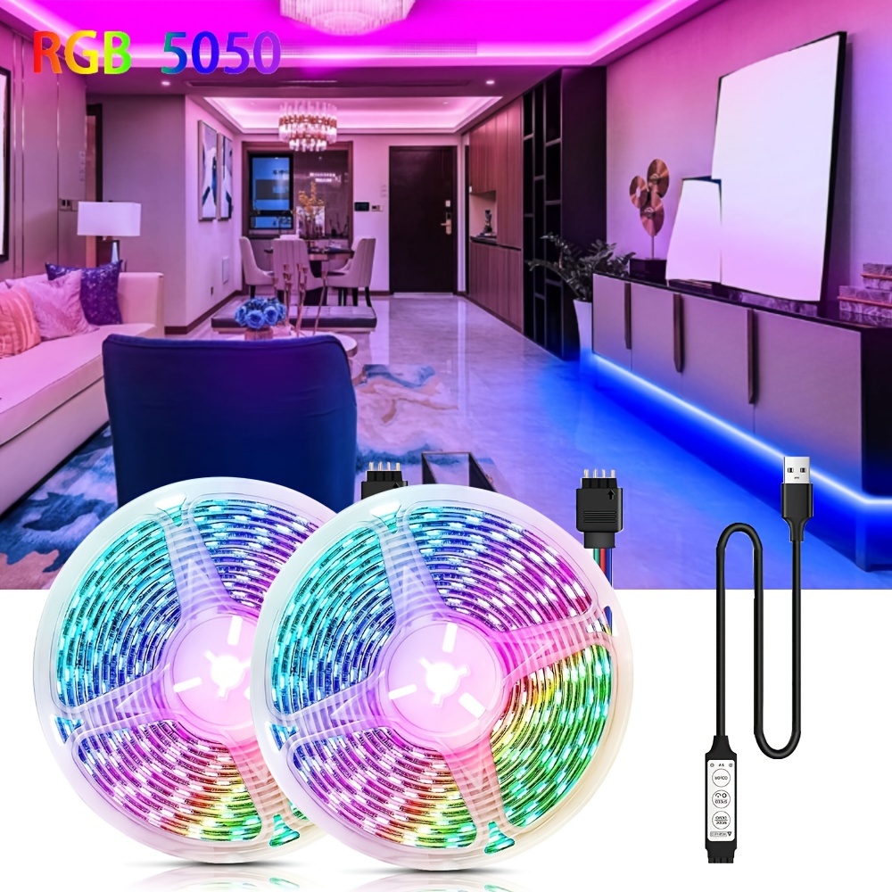 Tira de luz LED USB 5050 de 16.4 ft, 5 V, RGB 5050, lámpara de decoración  con control remoto de 24 teclas para decoración del hogar, sala de estar