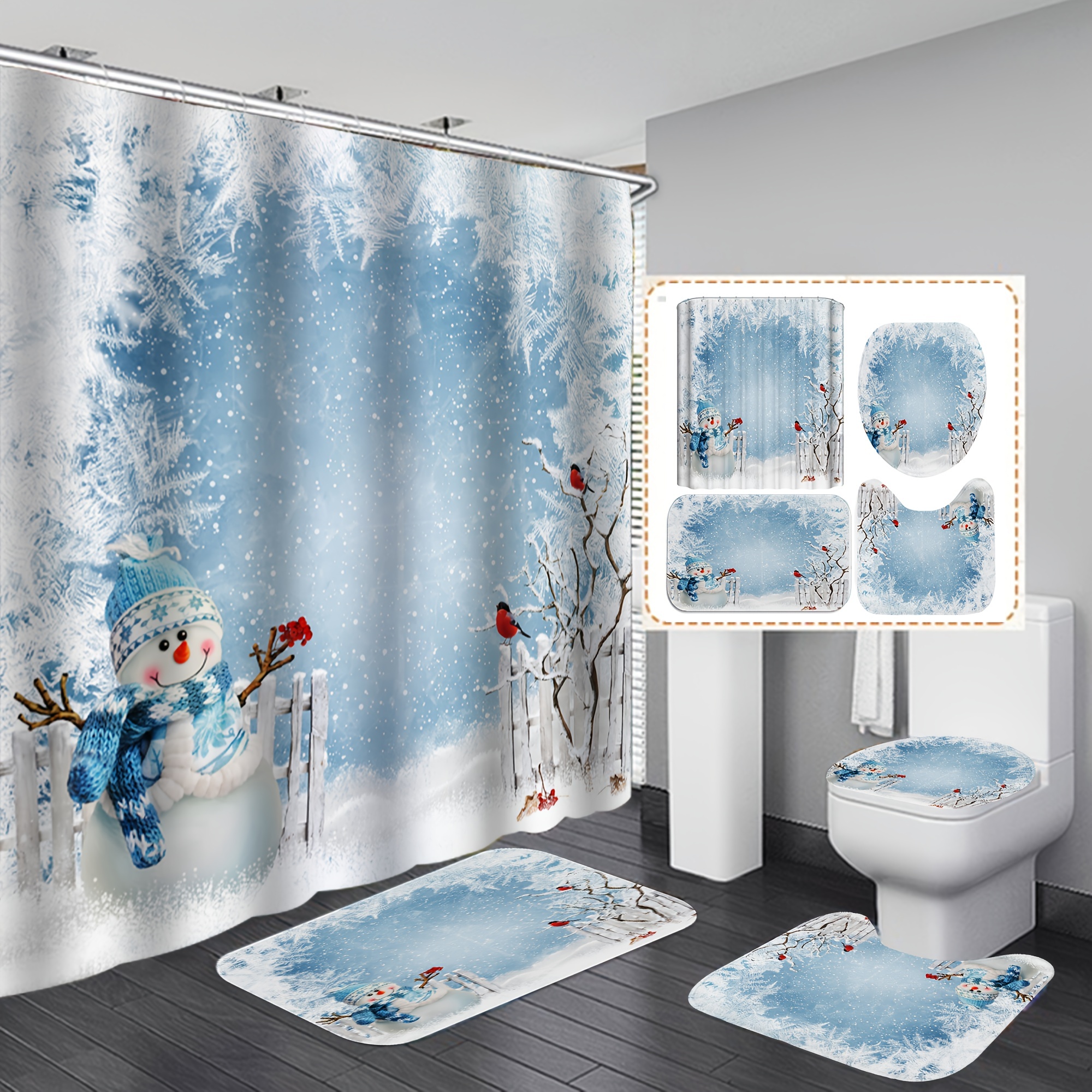 Blue white Bathroom Set Including A Shower Curtain And 3 Non - Temu