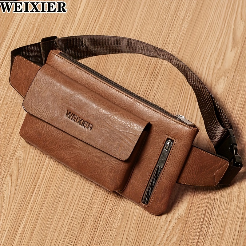 Pu Leather Multi-layer Zipper Men's Waist Bag, Waterproof And Wear  Resistant