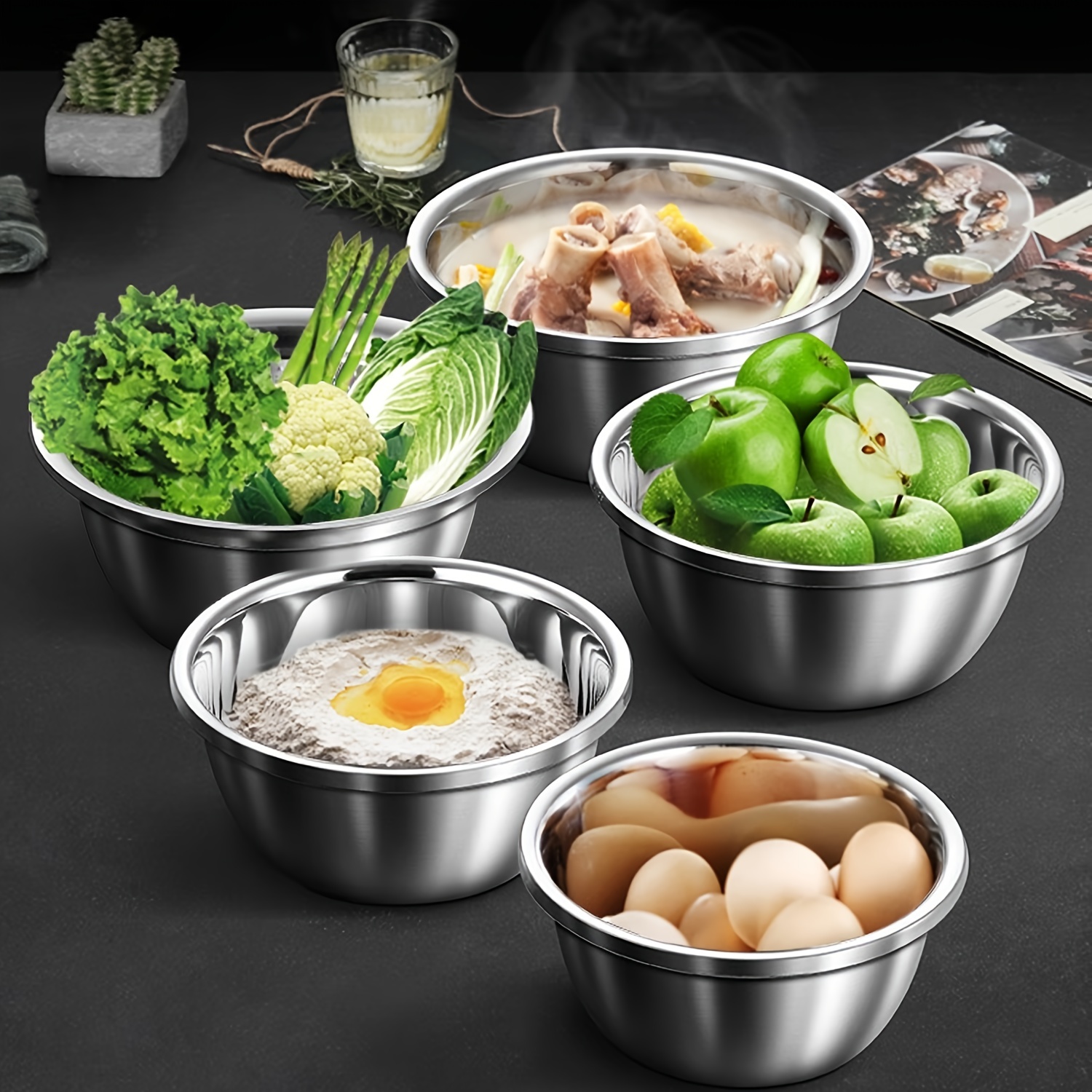 304 Stainless Steel Bowls Set Basin Kitchen Thicken Salad Mixing Bowl With  Cover Egg Vegetable Bowl Tableware Kitchenware