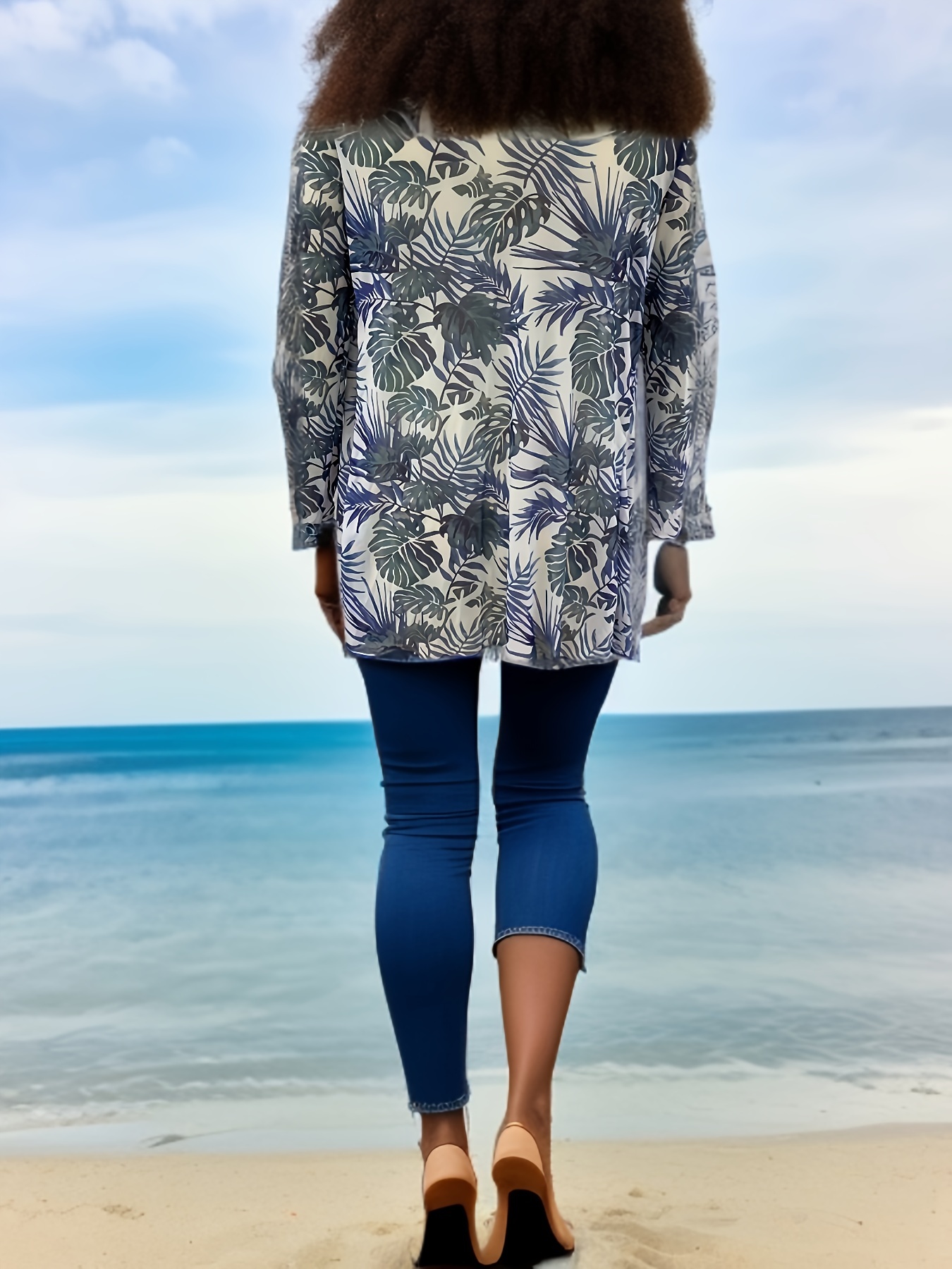 Allover Leaf Print Open Front Cover Long Sleeve Stretchy - Temu