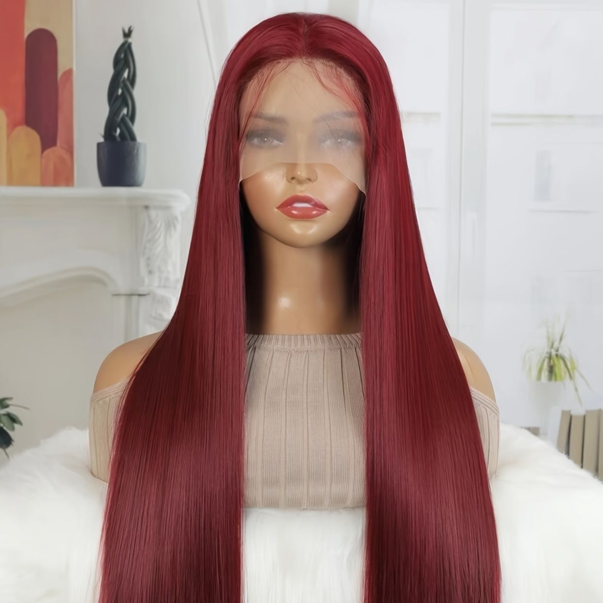 Long Bone Straight Synthetic Front Lace Wigs Burgundy Straight Wig For  Women Middle Part High Temperature Fiber Hair Human Hair Wigs - Beauty &  Personal Care - Temu