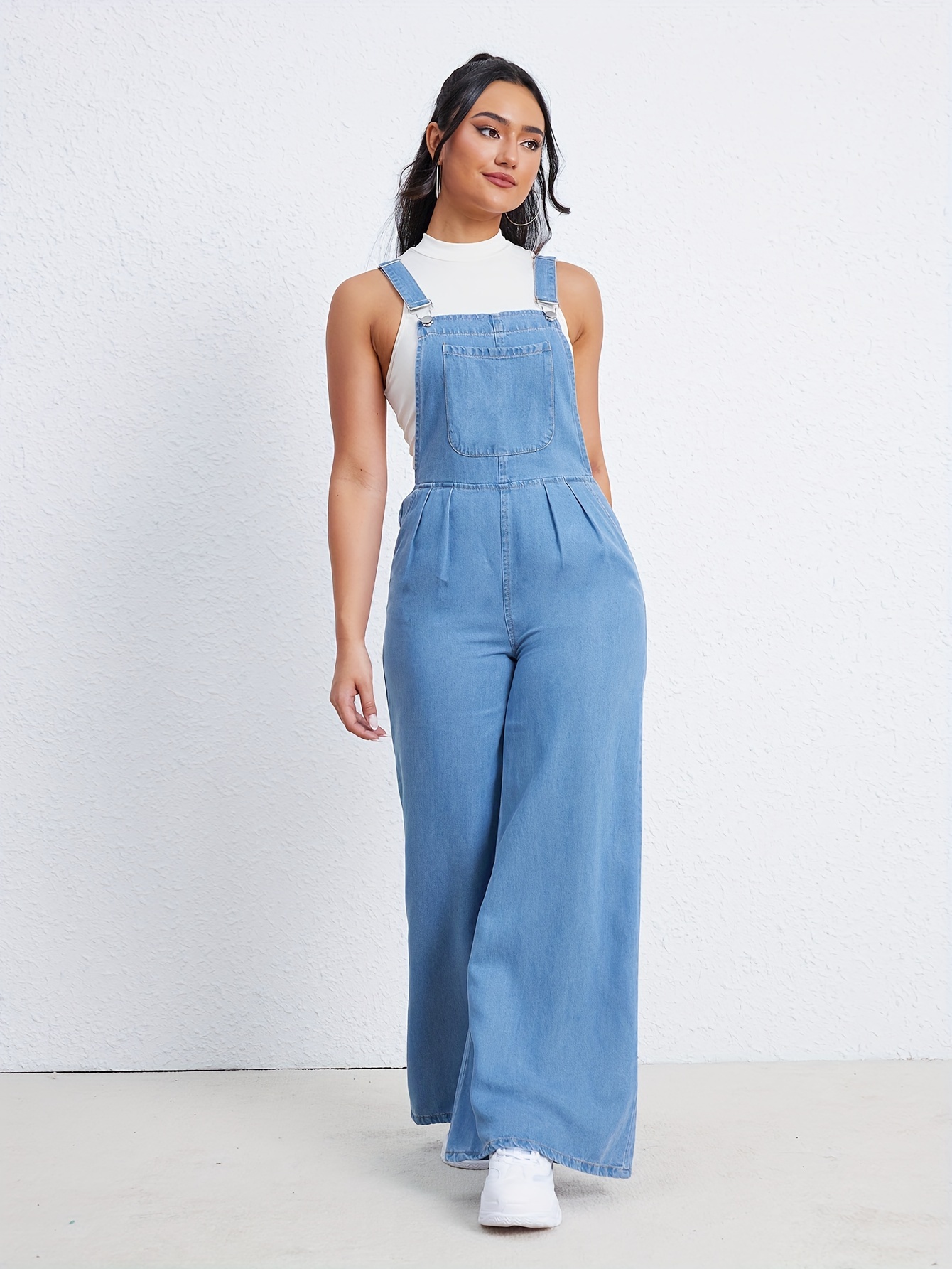 Blue Wide Legs Denim Overalls Non stretch Adjustable Straps - Temu