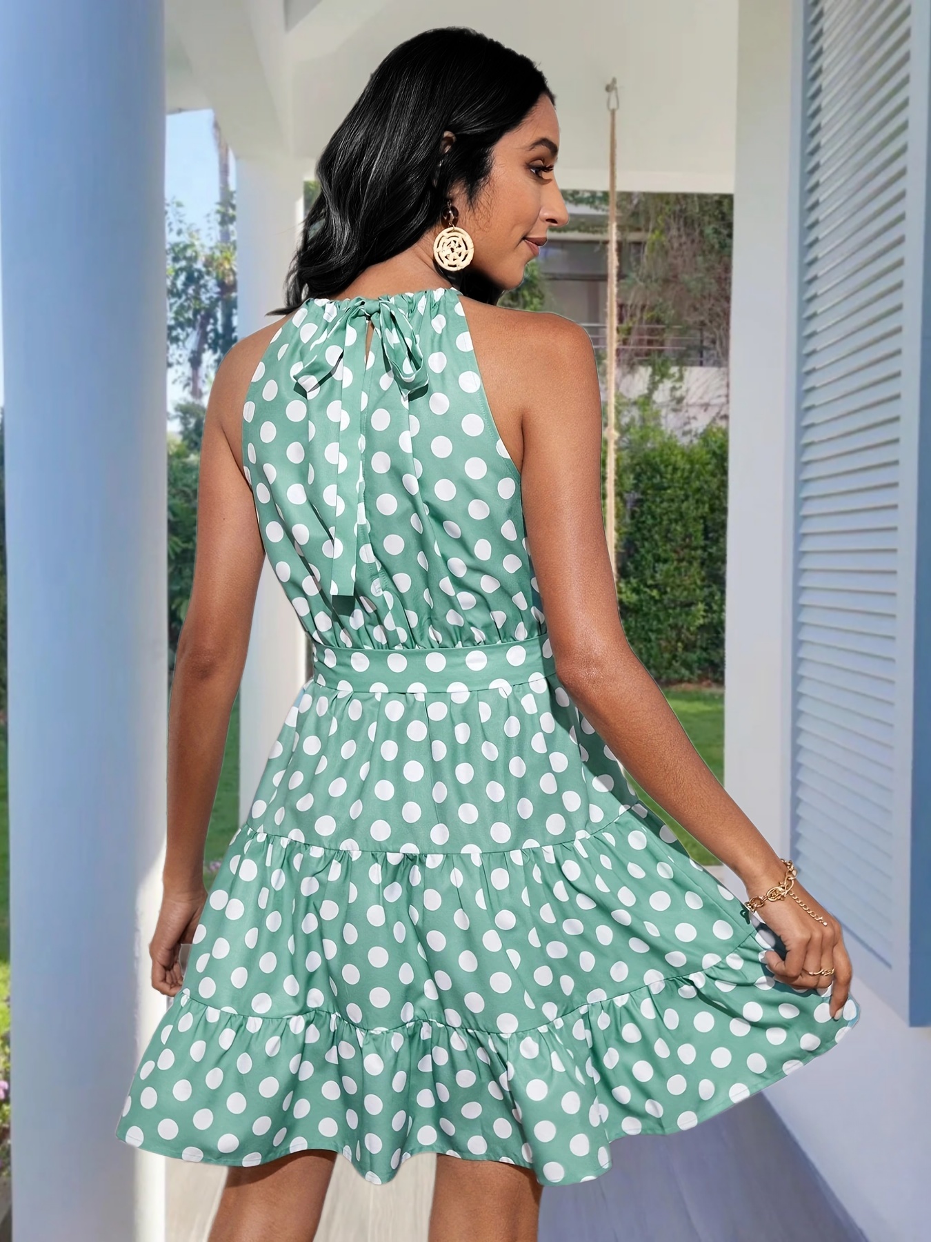 polka dot print knotted dress casual halter neck sleeveless - Temu New  Zealand