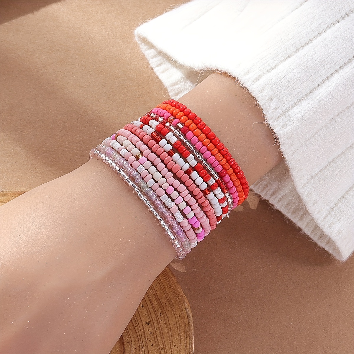 12 Pcs Bohemian Beaded Bracelet Set with Colorful Rice Beads Versatile Accessories,Temu