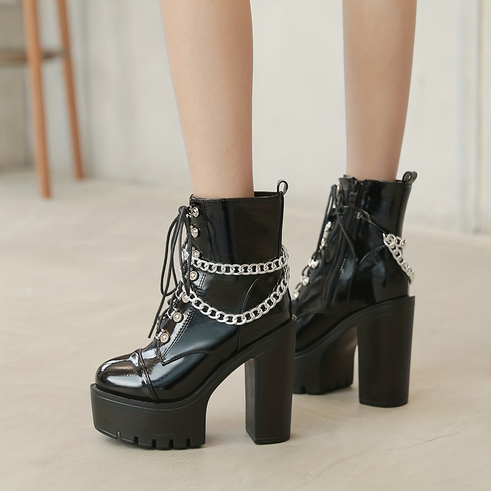 Women Lace Up Round Toe Platform Shoes Punk Ankle Buckle Chunky High Heels  Boots