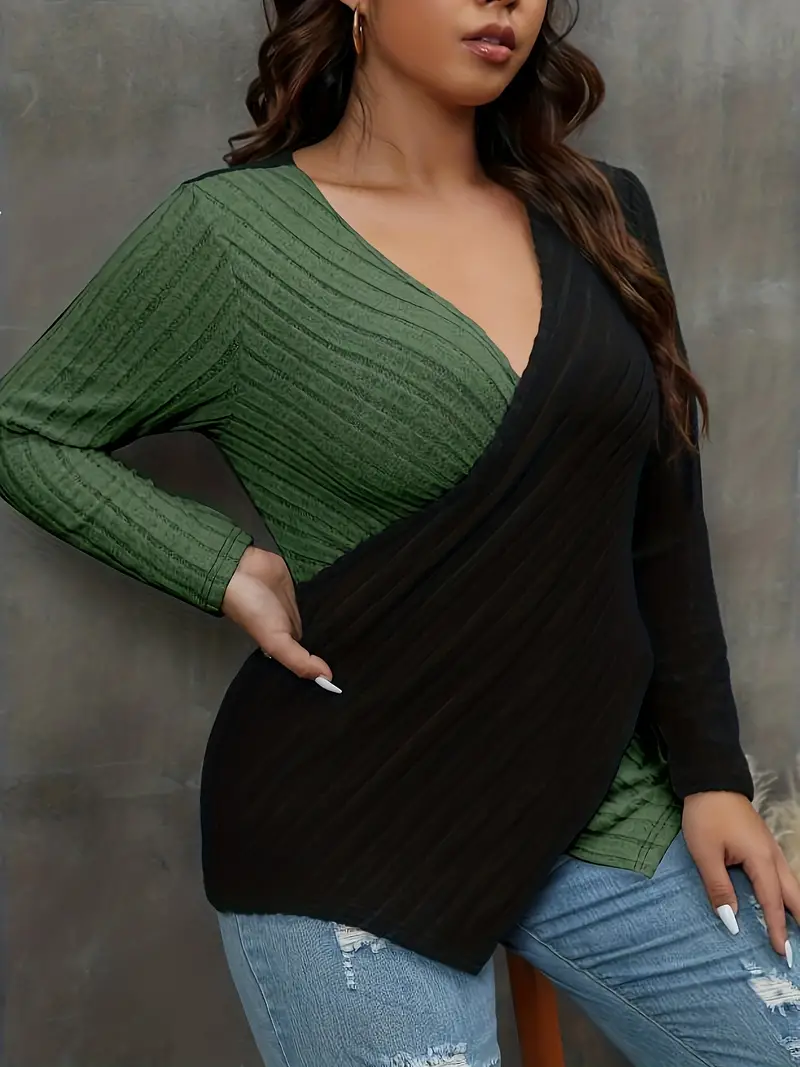 plus size casual sweater womens plus colorblock cross v neck long sleeve medium stretch jumper details 23