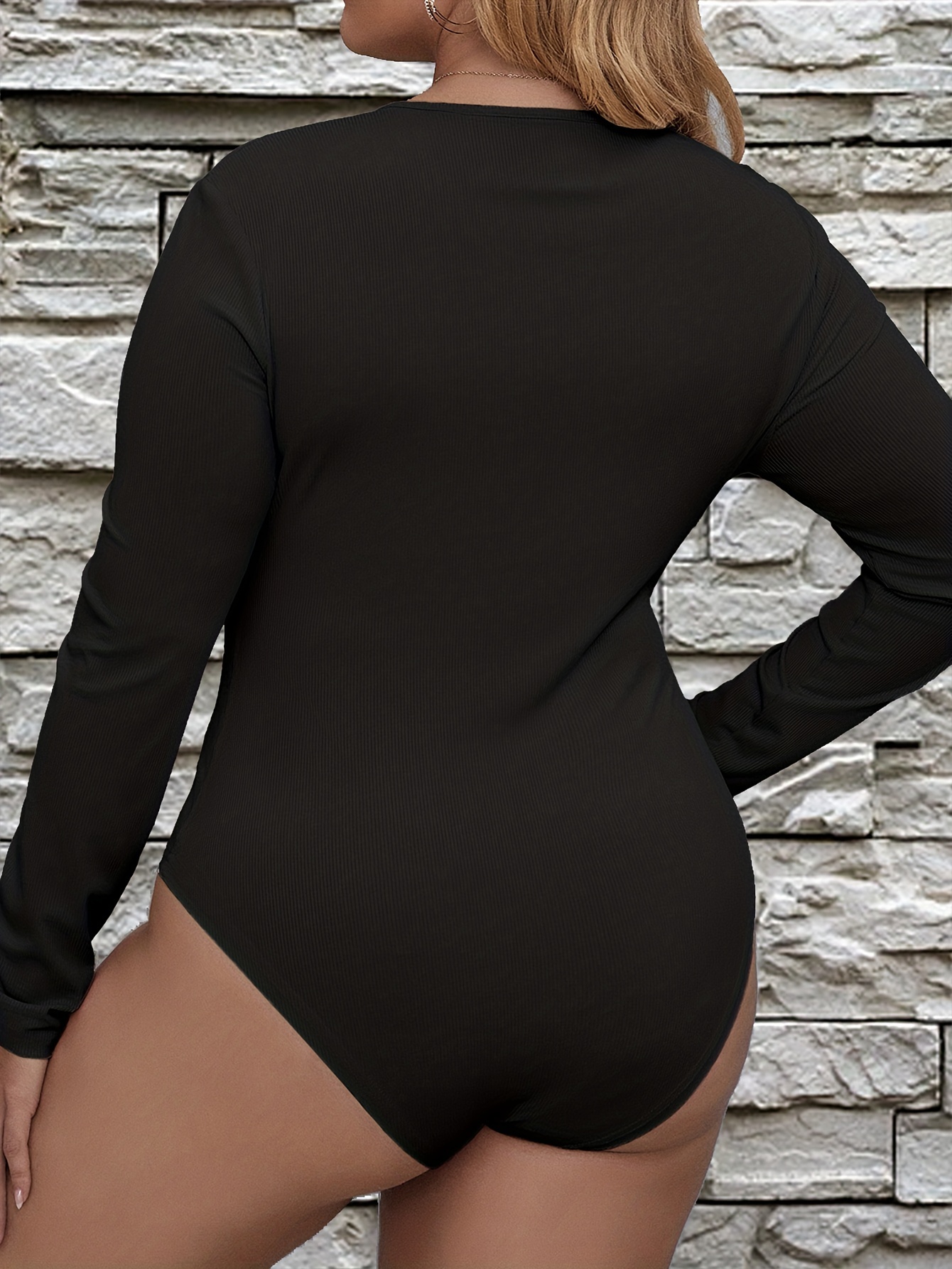 Plus Size Casual Bodysuit, Women's Plus Solid Long Sleeve Round Neck Medium  Stretch Bodysuit