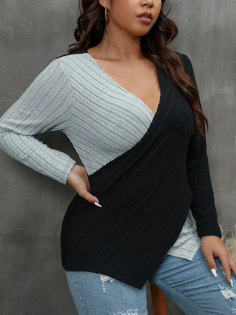 plus size casual sweater womens plus colorblock cross v neck long sleeve medium stretch jumper details 33