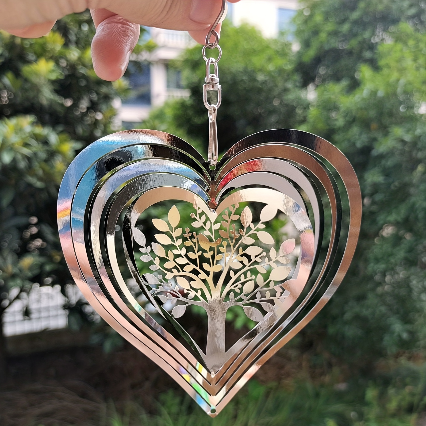 

1pc 3d Color Rotation Heart Shape The Tree Of Life Metal Wind Chime Sun Catcher Stainless Steel Metal Hanging Wind Spinner Home Garden Decoration, Silvery