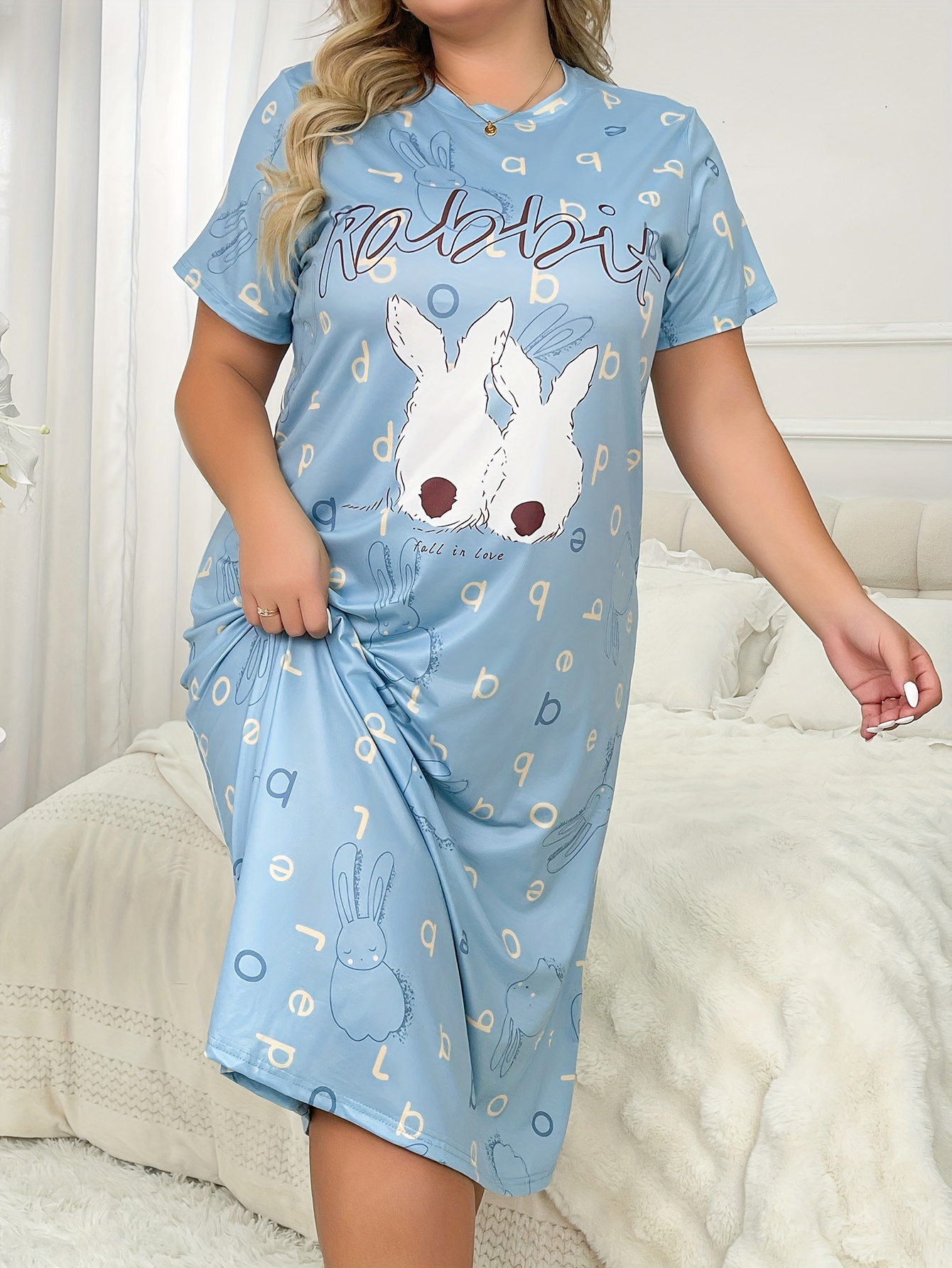 Plus Size Cute Nightdress Women's Plus Cute Rabbit Print - Temu