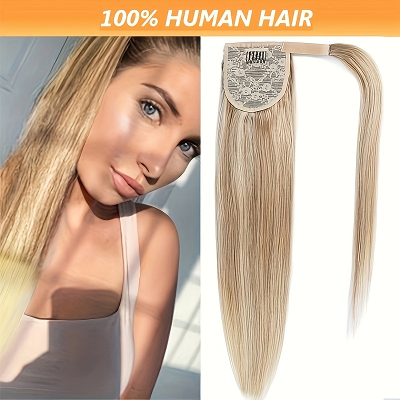 

613 Blonde Long Straight Human Hair Ponytail Extensions 10-26 Inch Straight Human Hair Clip In Wrap Around Ponytail Extensions For Women