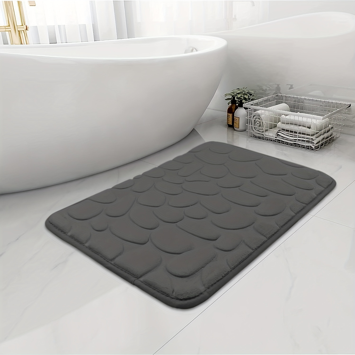 Cobblestone Embossed Bathroom Mat, Memory Foam Pad, Washable Bath