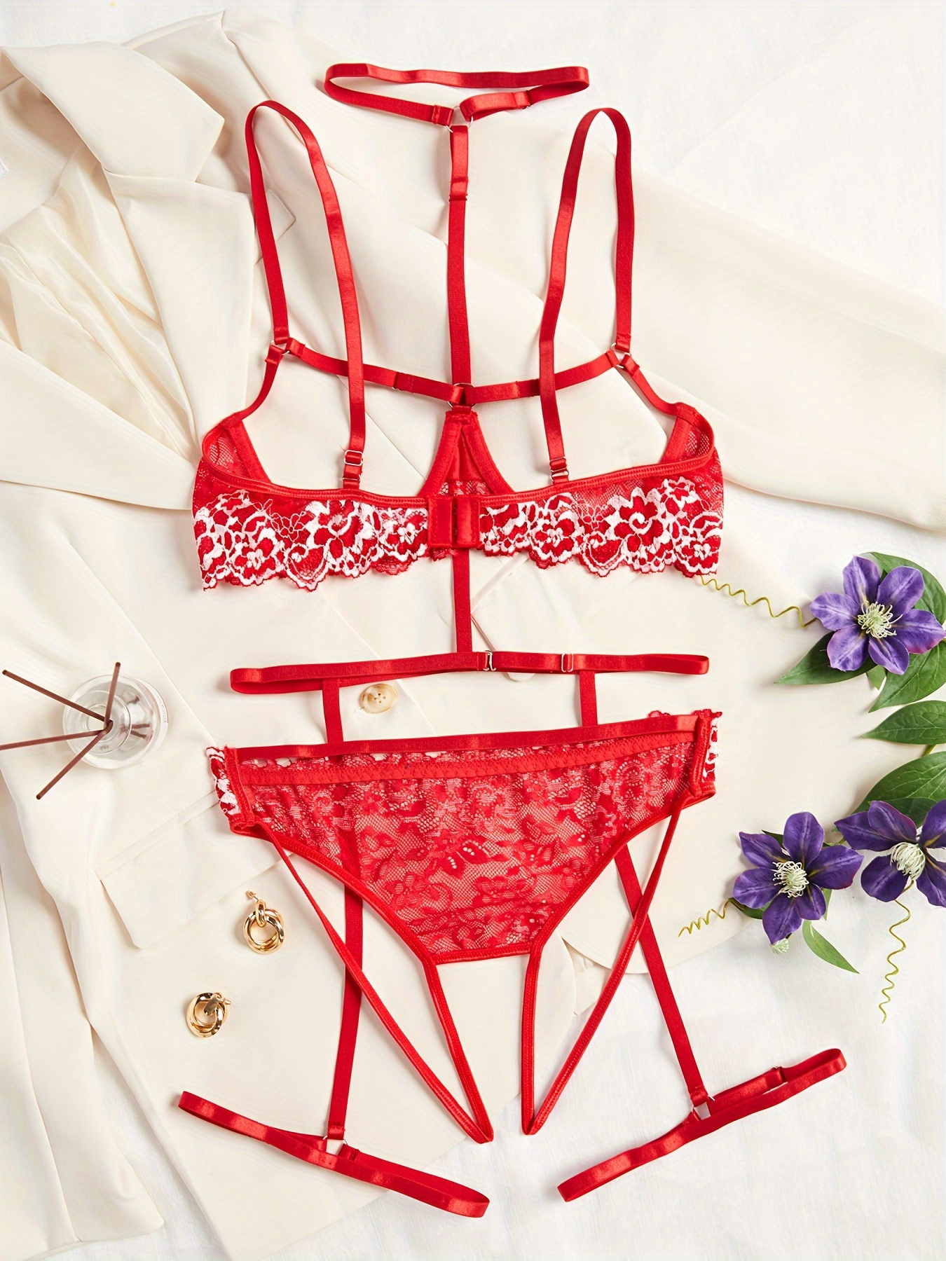 My Order Placed 3 Piece Lingerie Sets Women Fashion Sexy Lingerie Color  Embroider Hollow Sexy Underwear Thong Garter Belt Panties Suit at   Women's Clothing store