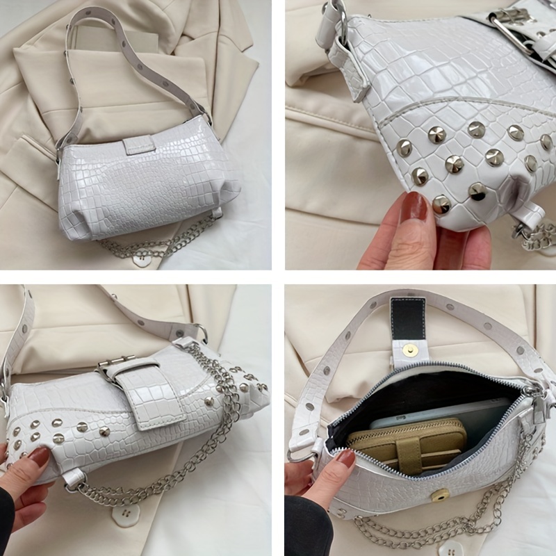 Crocodile Embossed Baguette Bag White Fashionable Shoulder Bag
