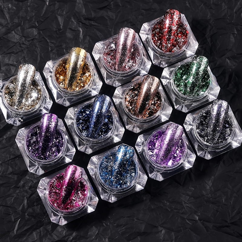  Holographic Gold Silver Nail Foil Glitter Flakes 3D Sparkly  Aluminum Foil Flake Mirror Powder Nail Art Supplies Irregular Foil Glitter  Chip Nail Designs for Acrylic Nails Art Decorations (4Boxes) : Beauty