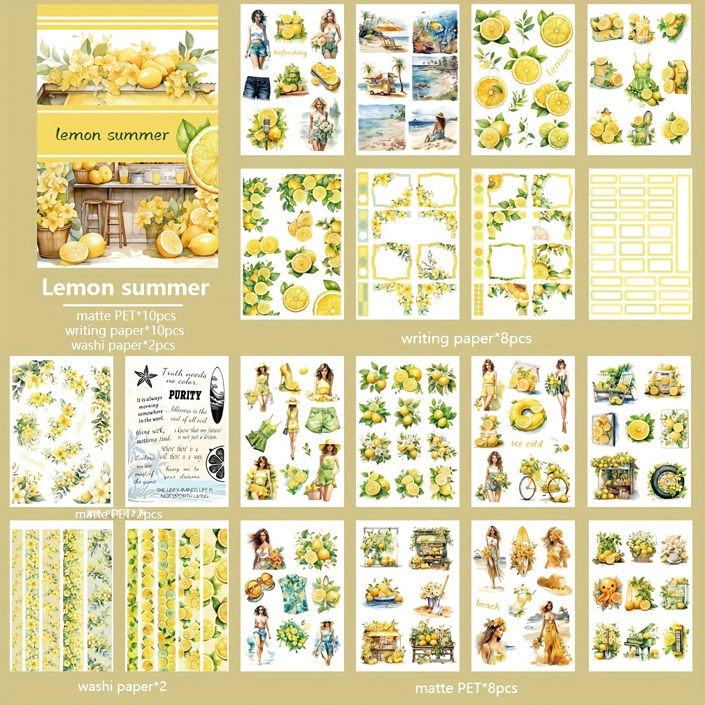 20sheets Yellow Lemon Summer Sticker Book Large Size Girl Fruit Pet Washi  Stickers For Scrapbooking Journal Diary Decorative Label Materials Paper, Today's Best Daily Deals