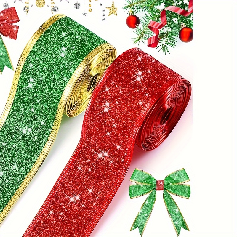 1.5 Inch (5 YDS) Wired Christmas Ribbon Gold w/Gold Trim Gift Wrap Bows  Wreaths