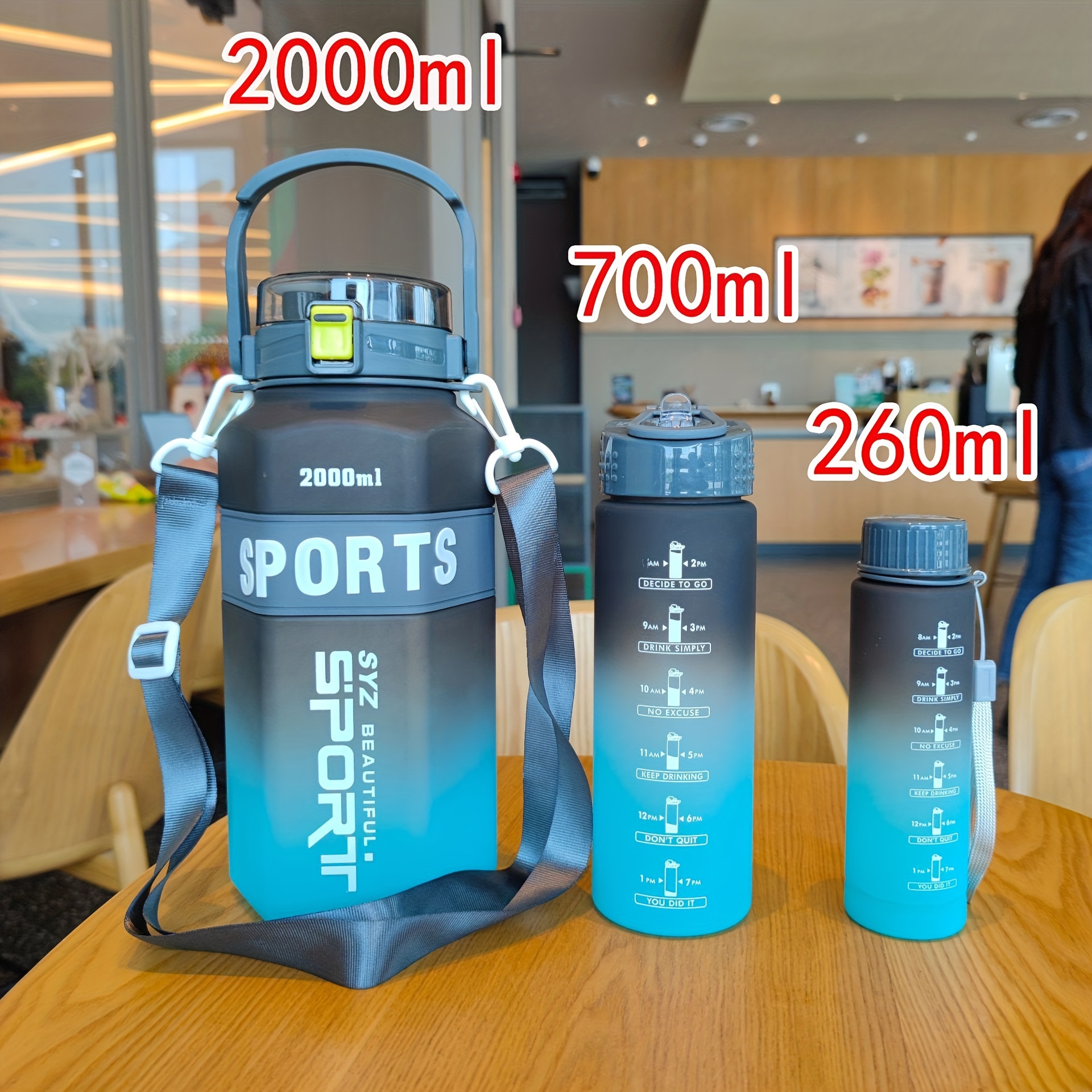  3 in 1 Pcs Set Water Bottle with Time Marker Straw  2000ml+900ml+700ml (Blue) : Sports & Outdoors