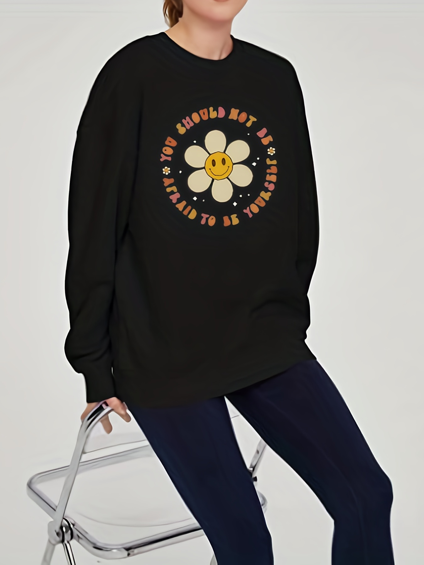 Flower Letter Print Sweatshirt Casual Crew Neck Long Sleeve - Temu