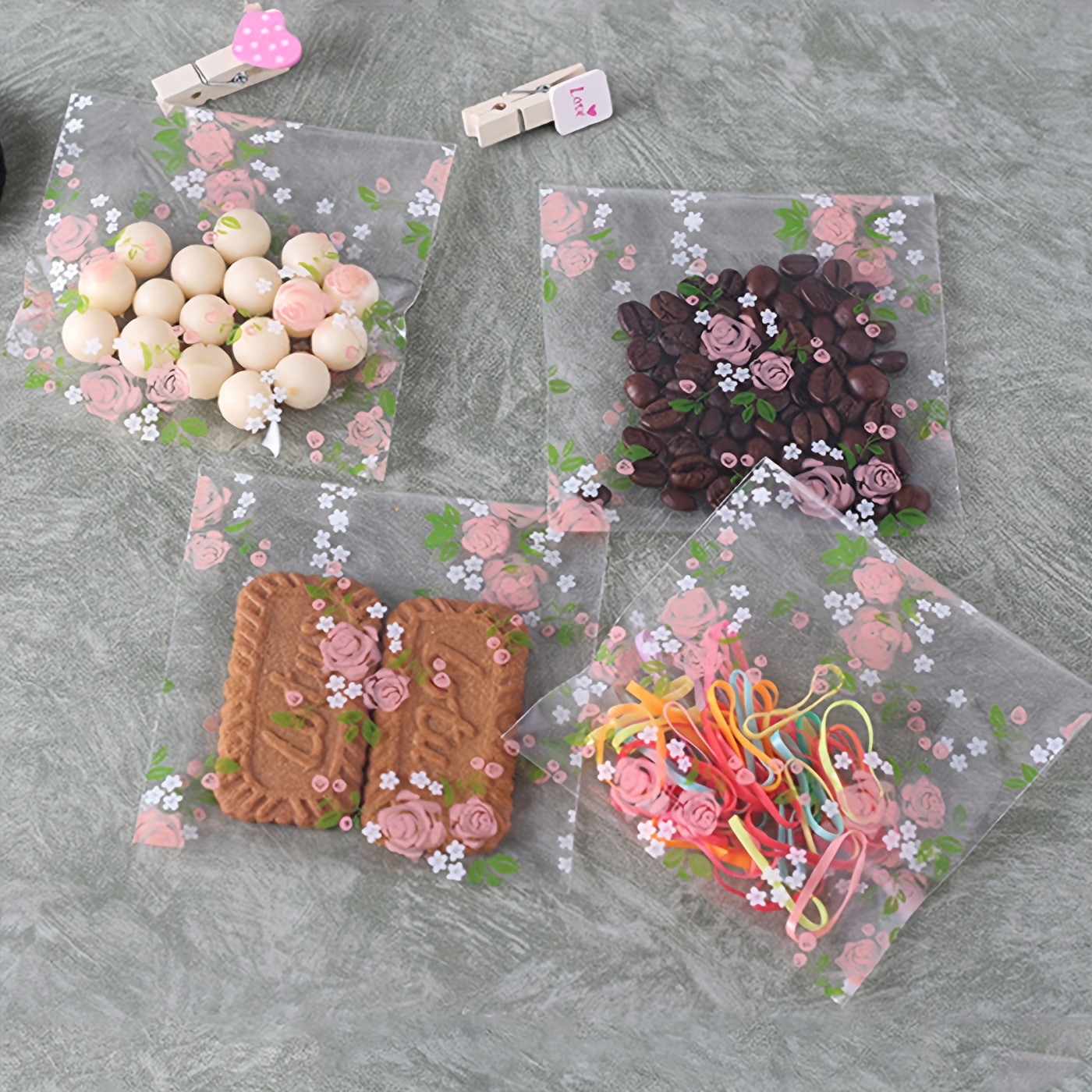 50/100pcs, Rose Flower Snack Bags Clear Cellophane Goodie  Bags, Treat Bags, Candy Biscuit Cookie Bags, Holiday Gift Bags, Birthday
