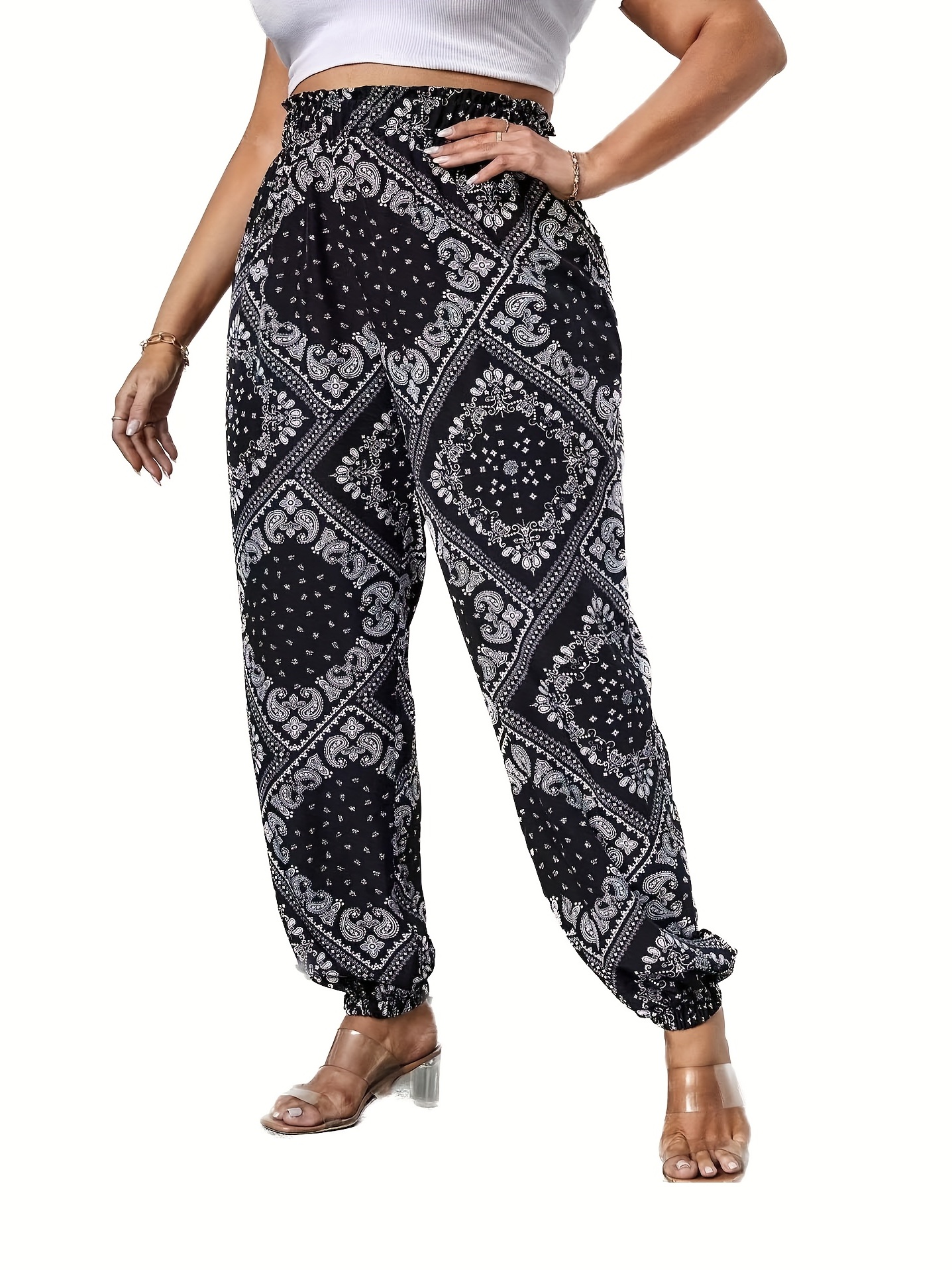 Plus Size Boho Pants Women's Plus Paisley Print Ruched High - Temu