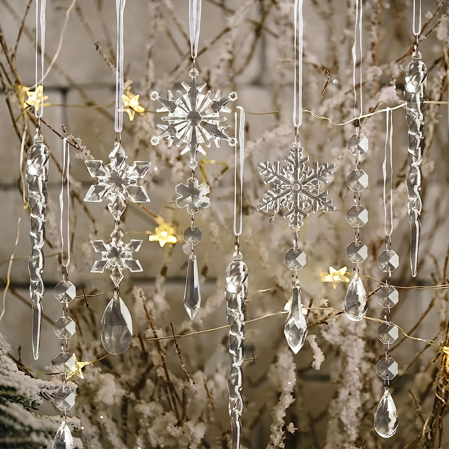18 adornos de Navidad de cristal para decoraciones de árbol de Navidad,  adornos acrílicos colgantes de copo de nieve y carámbano con colgantes de  gota