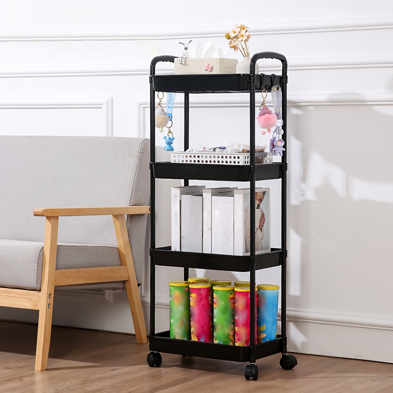 1pc 4 layer trolley storage rack with pulley kitchen bathroom shelf floor multi layer removable storage rack bedroom snack storage rack details 1