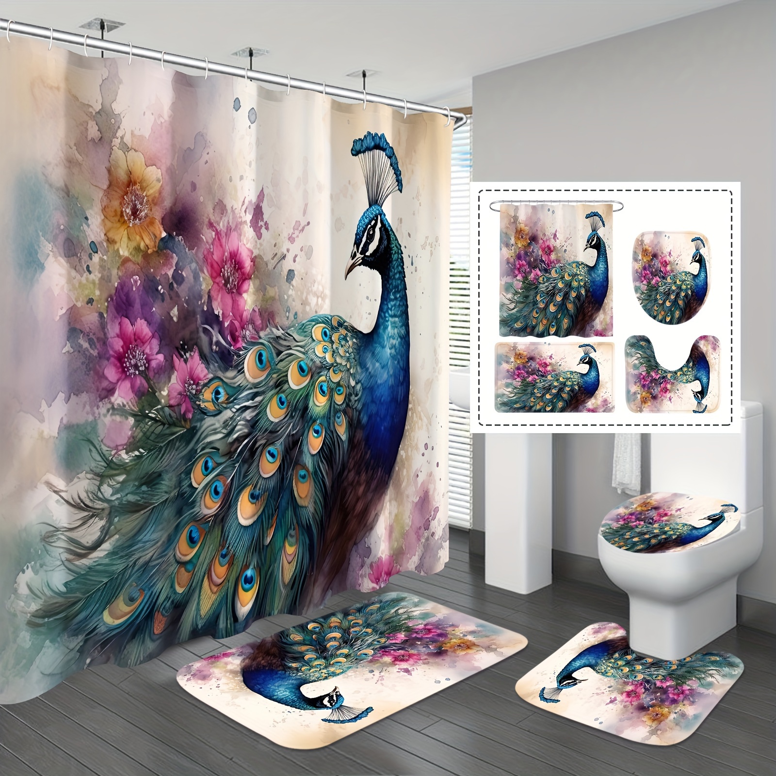 Peacock Pattern Shower Curtain Blue Beautiful Bird flower - Temu