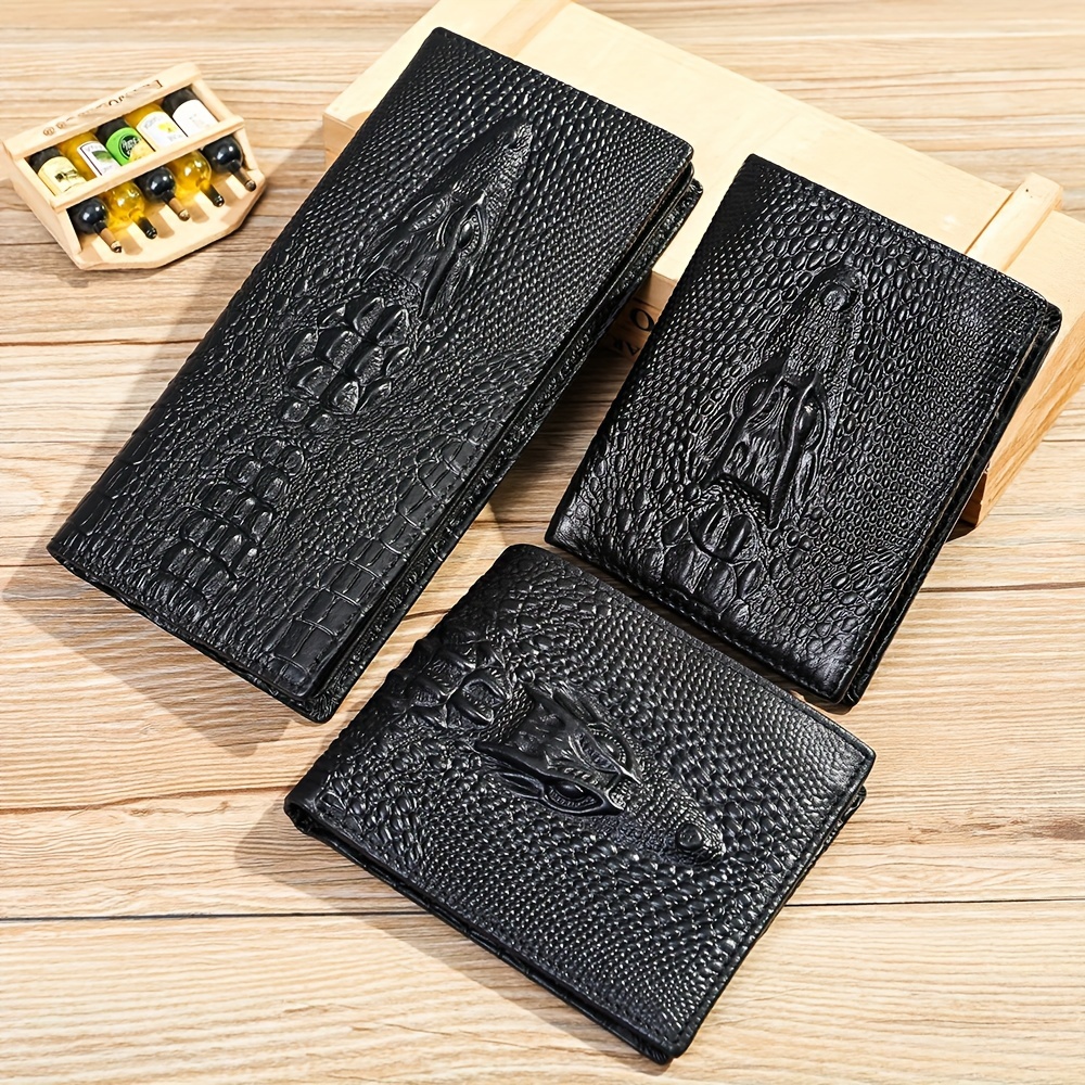 Men's Genuine Leather Crocodile Pattern Long Short Wallet, Top