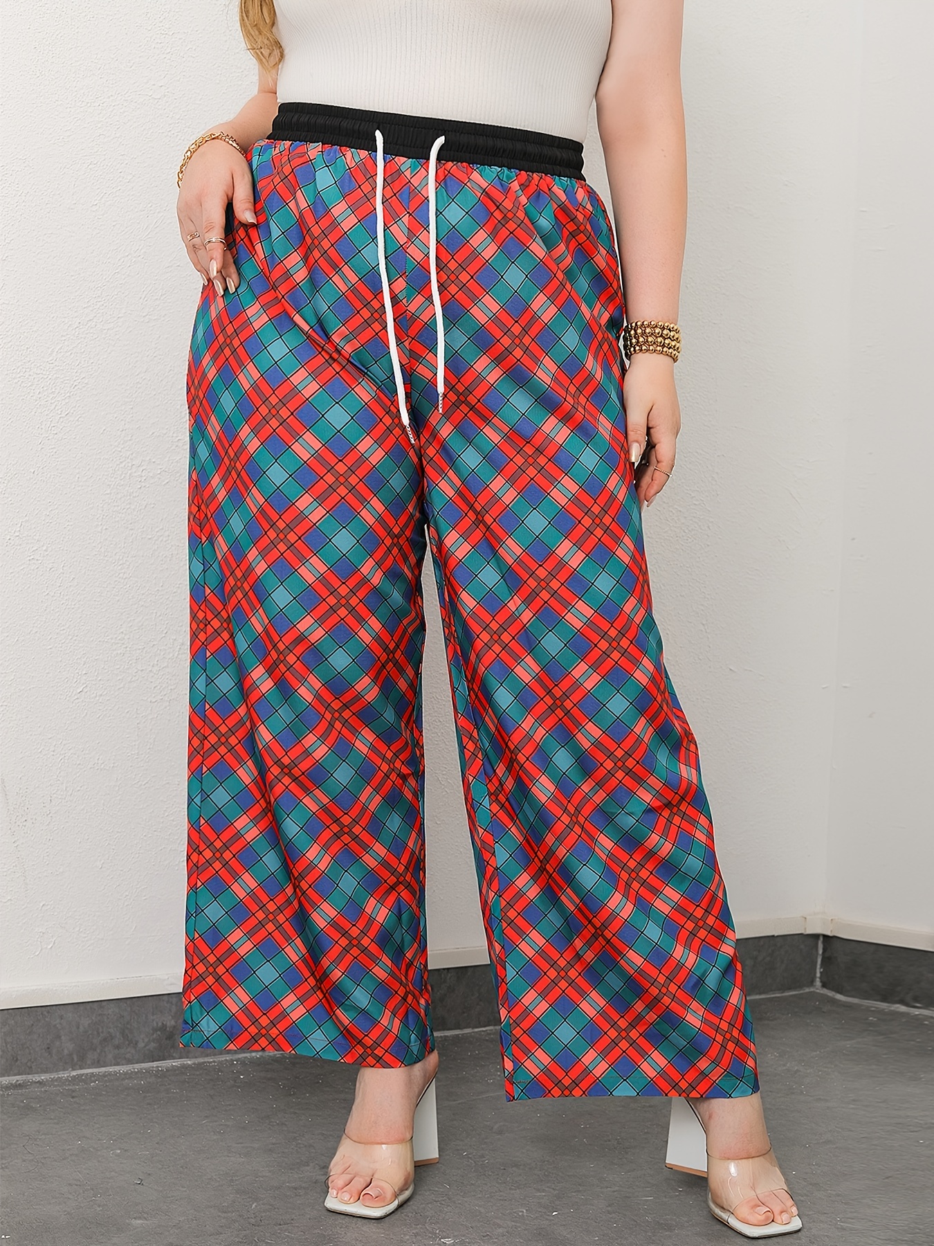 Plus Size Boho Pants Women's Plus Plaid Print Elastic High - Temu