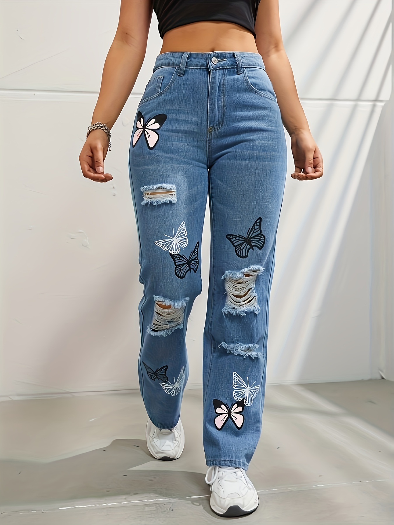 Mariposa Impresión Casual Recto Jeans, Cintura Alta Roto Agujeros  Pantalones Vaqueros, Mujeres Jeans De Mezclilla Y Ropa