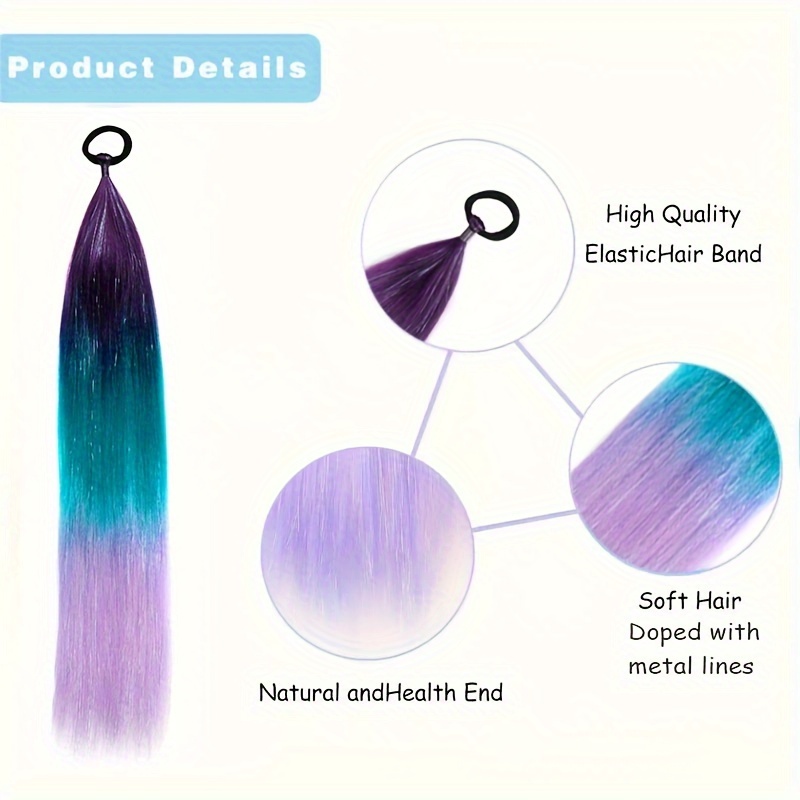 24inch synthetic braided ponytail diy ombre hair extensions with hair tinsel jumbo ponytail colorful   for braiding hair on hair tie loose tinsel hair extensions hair glitter christmas new year and holidays can wear cos for music festival details 2