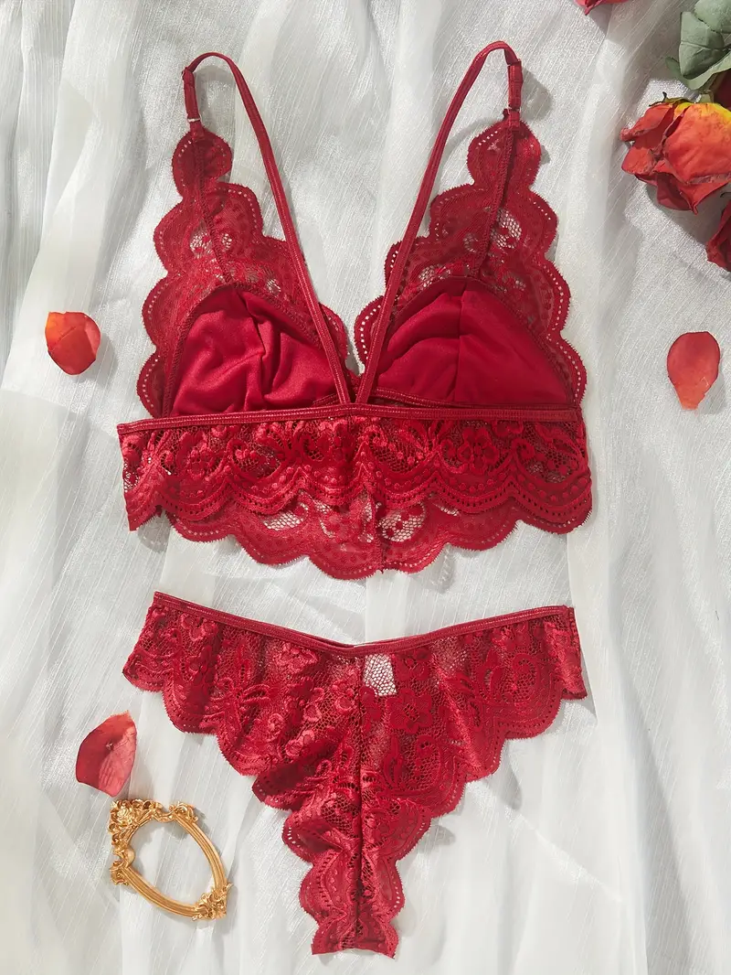 Hot Floral Lace Lingerie Set, Scallop Trim Bra & Thong Panties, Women's  Sexy Lingerie & Underwear