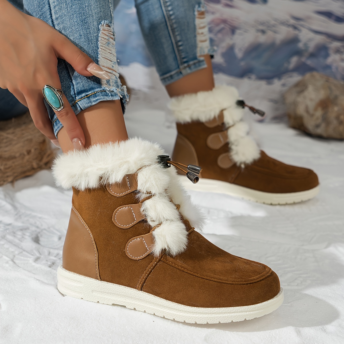 Botas cortas cálidas de invierno para mujer, botas planas de piel  sintética, botas de nieve con cordones para exteriores