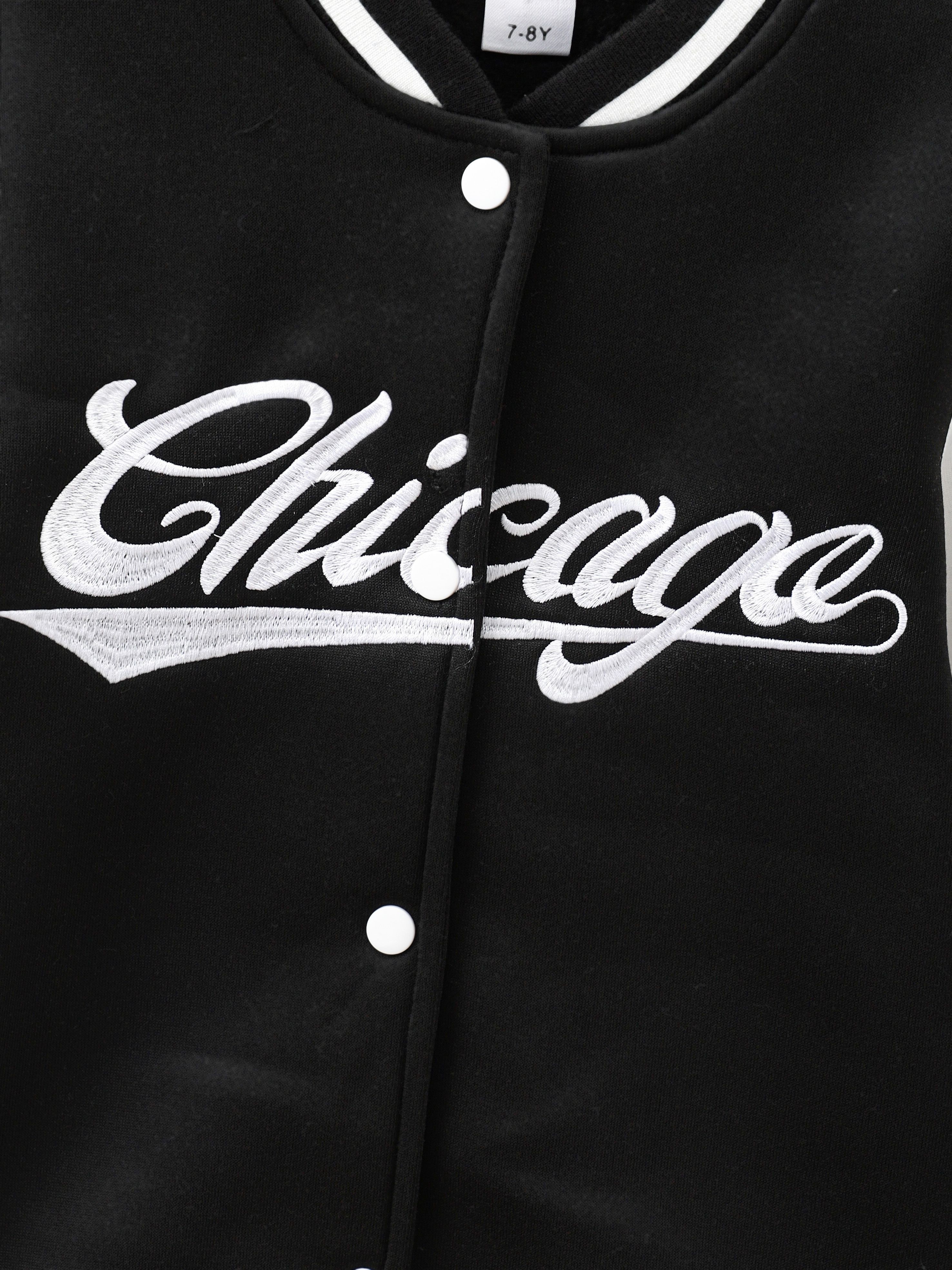 Kid's Chicago Embroidered Varsity Jacket, Button Front Long Sleeve