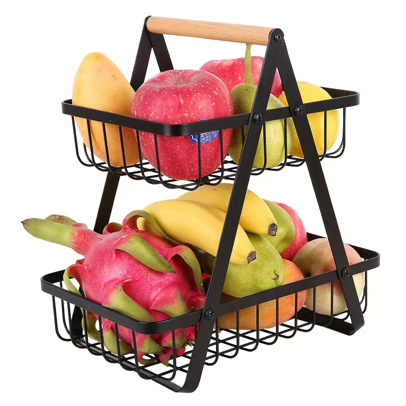 Fruit Basket With Wooden Handle Kitchen Desk Storage - Temu