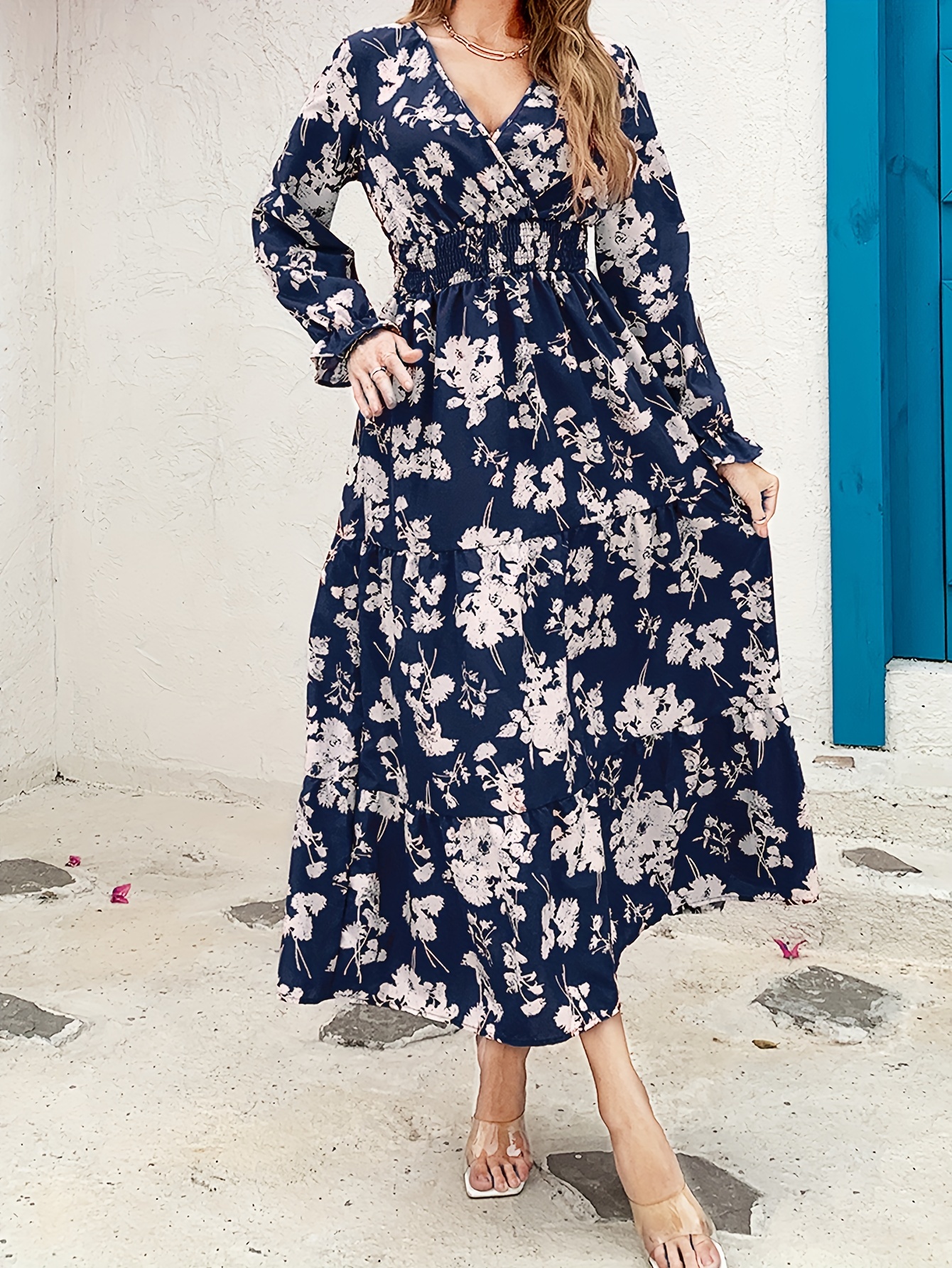 Floral Print Shirred Waist Dress Elegant Surplice Neck - Temu