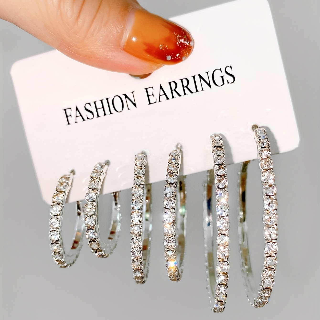 

3 Pairs Golden/ Silvery Hoop Earrings Set With Full Shiny Rhinestone Decor Elegant Simple Style Trendy Female Gift